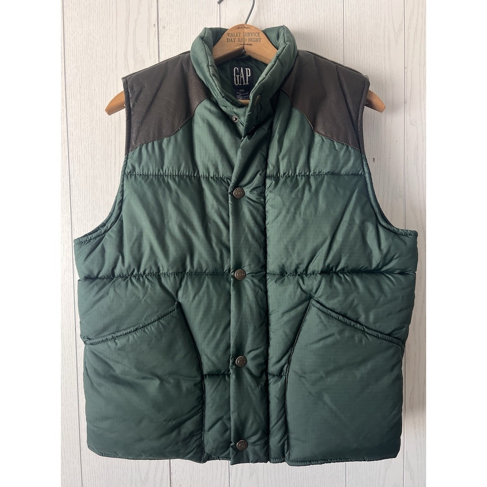 Vintage 90's GAP Puffer Vest Men Unisex Green Leather Size L Pockets Ski Outdoor